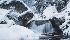 Preview wallpaper waterfall, snow, winter, trees, current