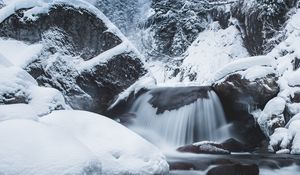 Preview wallpaper waterfall, snow, winter, trees, current