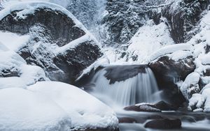 Preview wallpaper waterfall, snow, winter, trees, current