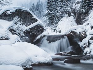 Preview wallpaper waterfall, snow, winter, trees, current