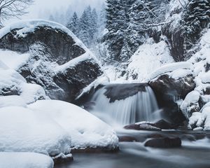 Preview wallpaper waterfall, snow, winter, trees, current