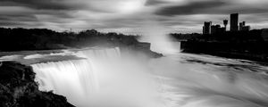 Preview wallpaper waterfall, splashes, fog, black and white