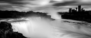 Preview wallpaper waterfall, splashes, fog, black and white