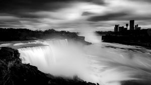 Preview wallpaper waterfall, splashes, fog, black and white