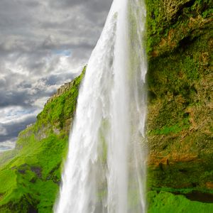 Preview wallpaper waterfall, splashes, rock, moss