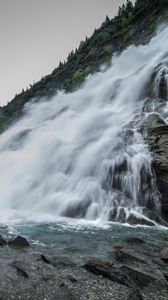 Preview wallpaper waterfall, splashes, stones, mountains, clouds
