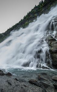 Preview wallpaper waterfall, splashes, stones, mountains, clouds