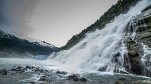 Preview wallpaper waterfall, splashes, stones, mountains, clouds