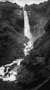 Preview wallpaper waterfall, splashes, stones, trees, nature, black and white