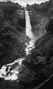 Preview wallpaper waterfall, splashes, stones, trees, nature, black and white