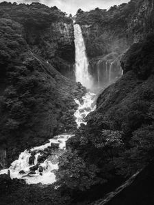 Preview wallpaper waterfall, splashes, stones, trees, nature, black and white