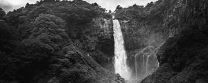 Preview wallpaper waterfall, splashes, stones, trees, nature, black and white