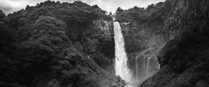 Preview wallpaper waterfall, splashes, stones, trees, nature, black and white