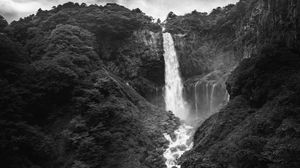 Preview wallpaper waterfall, splashes, stones, trees, nature, black and white