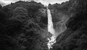 Preview wallpaper waterfall, splashes, stones, trees, nature, black and white