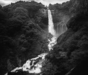 Preview wallpaper waterfall, splashes, stones, trees, nature, black and white