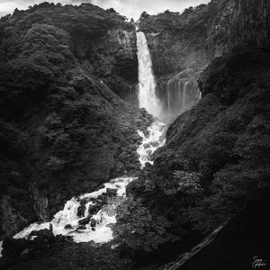 Preview wallpaper waterfall, splashes, stones, trees, nature, black and white