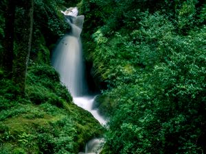 Preview wallpaper waterfall, splashes, stones, grass, moss