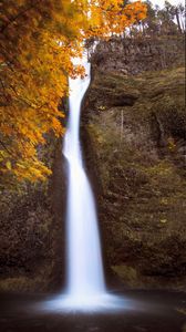 Preview wallpaper waterfall, splashes, trees, autumn, long exposure, nature