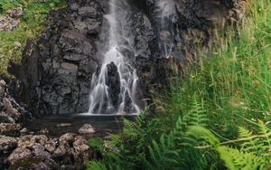 Preview wallpaper waterfall, splashes, water, stones, rock