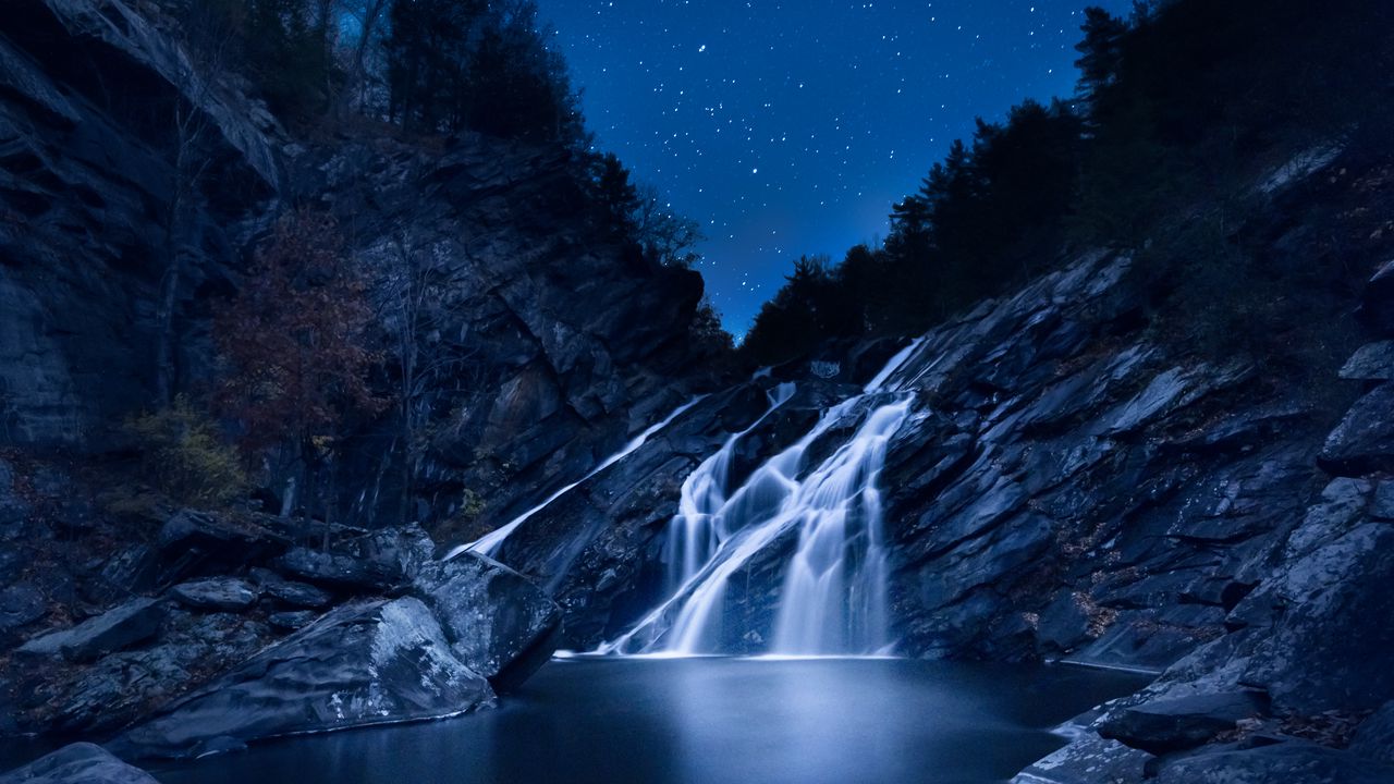 Wallpaper waterfall, starry sky, stones