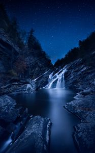 Preview wallpaper waterfall, starry sky, stones