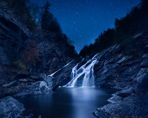 Preview wallpaper waterfall, starry sky, stones