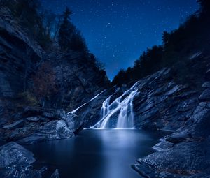 Preview wallpaper waterfall, starry sky, stones