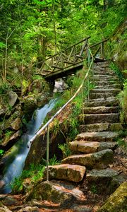 Preview wallpaper waterfall, steps, bridge, stairs, stones