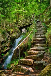 Preview wallpaper waterfall, steps, bridge, stairs, stones