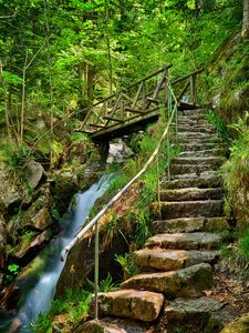 Preview wallpaper waterfall, steps, bridge, stairs, stones