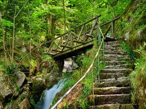 Preview wallpaper waterfall, steps, bridge, stairs, stones