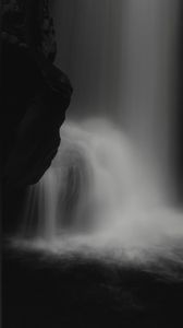 Preview wallpaper waterfall, stone, water, black and white, dark