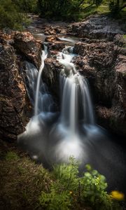 Preview wallpaper waterfall, stones, breakage, flow, grass
