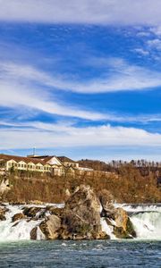 Preview wallpaper waterfall, stones, building, nature