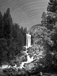 Preview wallpaper waterfall, stones, cliff, trees, black and white