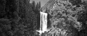 Preview wallpaper waterfall, stones, cliff, trees, black and white