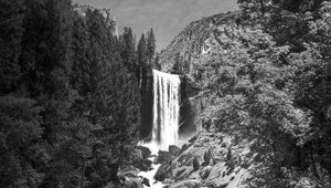 Preview wallpaper waterfall, stones, cliff, trees, black and white