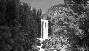 Preview wallpaper waterfall, stones, cliff, trees, black and white