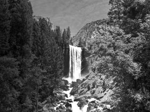 Preview wallpaper waterfall, stones, cliff, trees, black and white