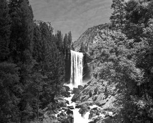 Preview wallpaper waterfall, stones, cliff, trees, black and white