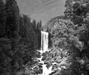 Preview wallpaper waterfall, stones, cliff, trees, black and white