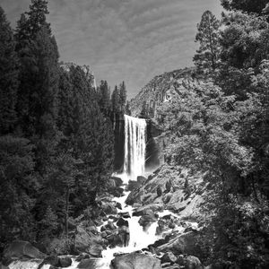 Preview wallpaper waterfall, stones, cliff, trees, black and white