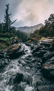 Preview wallpaper waterfall, stones, current, grass, mountains