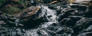 Preview wallpaper waterfall, stones, current, grass, mountains