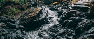 Preview wallpaper waterfall, stones, current, grass, mountains