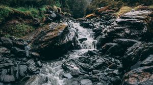 Preview wallpaper waterfall, stones, current, grass, mountains