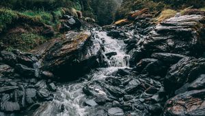 Preview wallpaper waterfall, stones, current, grass, mountains