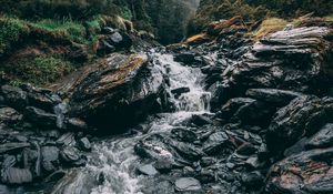 Preview wallpaper waterfall, stones, current, grass, mountains