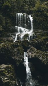 Preview wallpaper waterfall, stones, flow, water, moss, vegetation